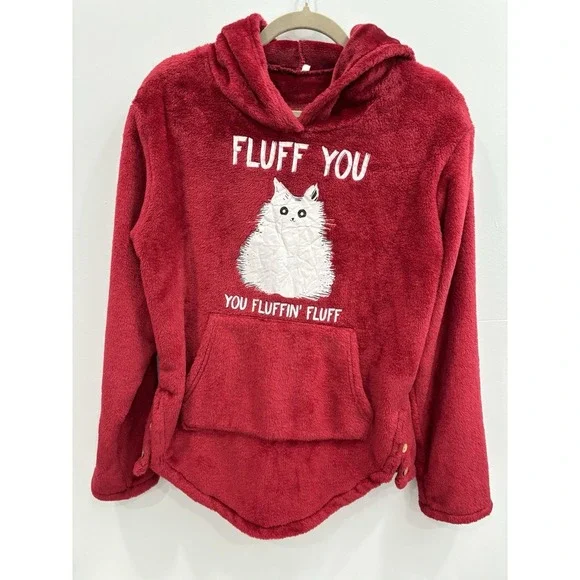 Red Fuzzy Hoodie Whiskers Sweatshirt "Fluff You" Cat Graphic Cozy M Cat Lady - Picture 1 of 10